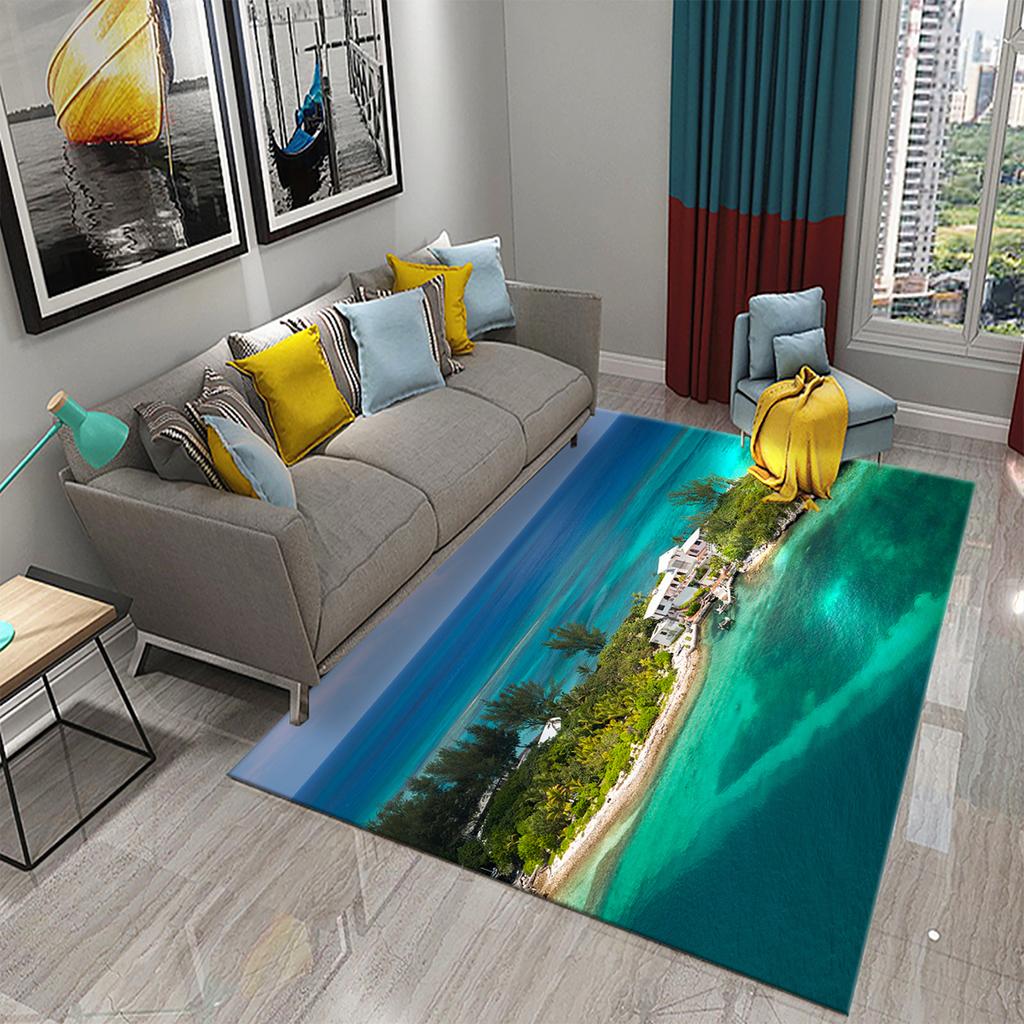 3D Tropical Island Ocean Beach Print Carpet for Kitchen Bathroom Living Room Bedroom Non-slip Absorbent Modern Home Decor Carpet