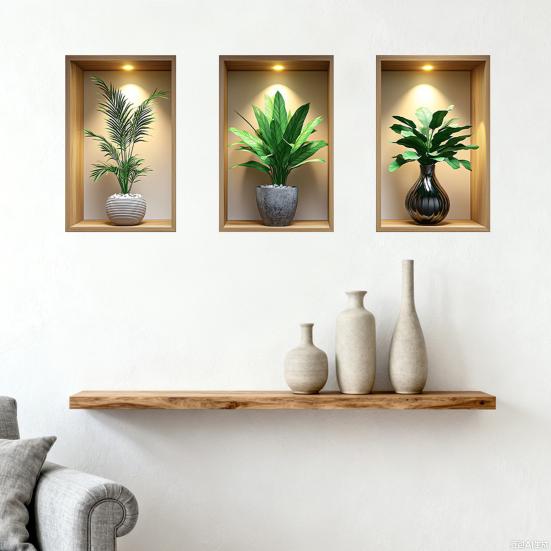 3Pcs 3D Flower Wall Stickers, Realistic Flowers Vase Wall Decals, Waterproof Self-Adhesive Potted Plants Stickers, Greenery Wall Stickers for Living