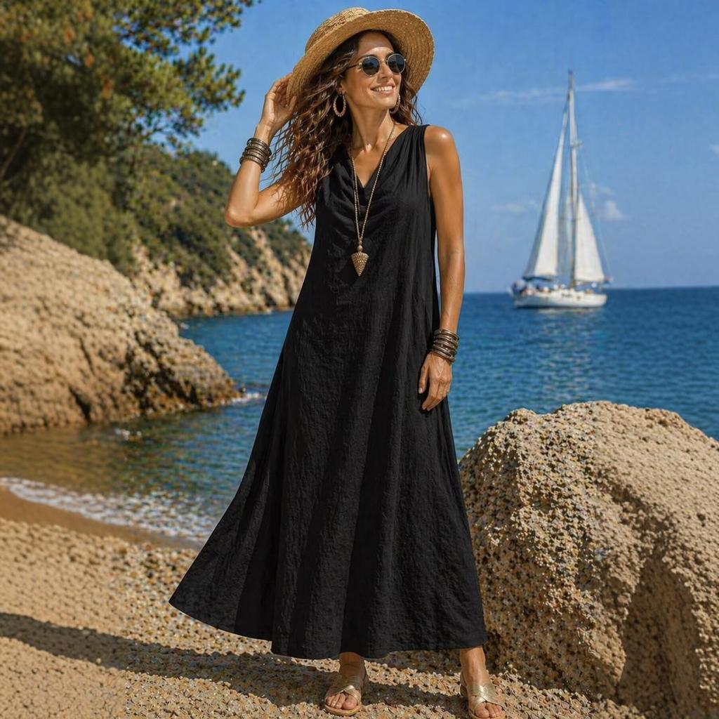 2026 Summer European and American New Sleeveless V-neck Cotton and Linen Long Dress Beach Vacation Style Solid Color Dress