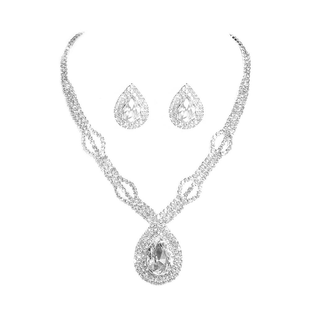 Stylish sparkling rhinestone necklace earrings set of two with a premium zircon drop pendant