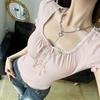 Sweet Button-up Top Women's Summer Cute Slim-fitting Contrast Lace Stitching Bow Square Collar T-shirts Y2K Korean Tees