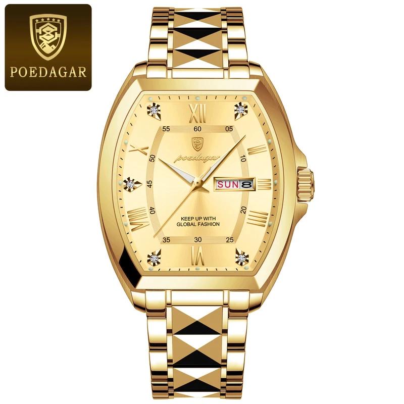 POEDAGAR Stainless Steel Watch Men Luxury Brand Business Luminous Waterproof Male Clock Tonneau Case Calendar Men Quartz Wristwatches
