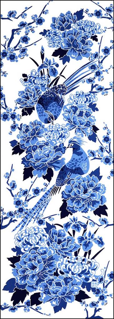 Someno Anbo Tenugui Hand Towel Four Seasons Flowers and Birds on a White Navy Authentic Made in 35cm x 100cm "Sometsuke (Dyeing) Background" Blue,