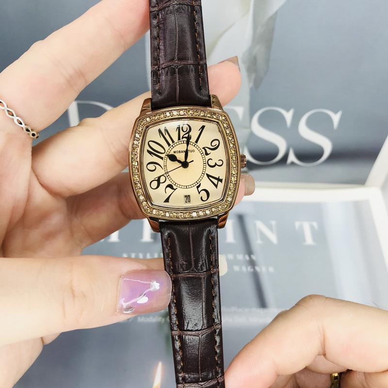 Square Women'S Watch Digital Scale With Date Small Square Watch Retro Coffee Belt Waterproof Fashion Women'S Watch