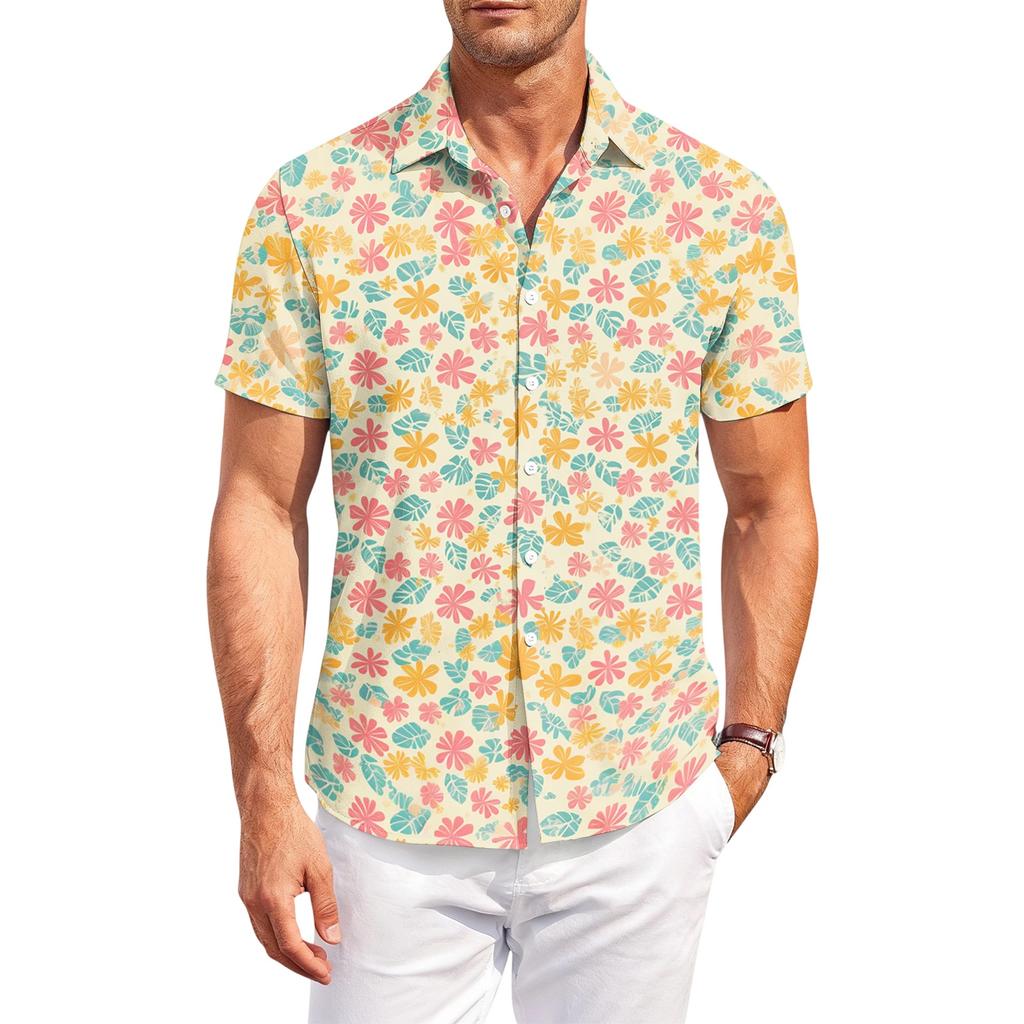 Men’s Hawaiian Print Casual Outdoor Short Sleeve Shirt with Turn Down Collar Relaxed Fit Suitable for Summer Activities