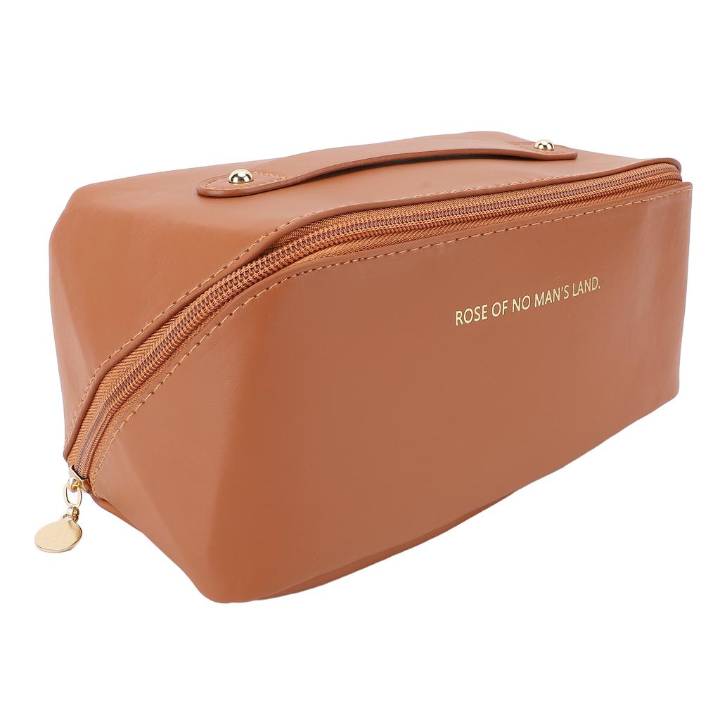 Reise Make-up Tasche Tragbar Wasserdicht PU Leder Kulturbeutel Hohe Kapazität Kosmetik Aufbewahrungstasche mit Griff Braun