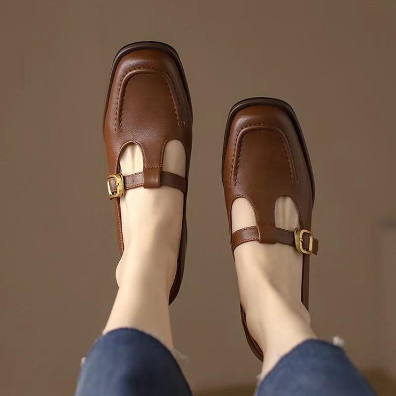 Fashion New Fashion Women's T Strap Leather Chunky Oxford Shoes Brown Mid Heels Square Toe Designer Pumps Black Sewing Dress Shoes