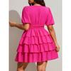 Vestido de tarta corto de color liso, manga corta, cuello en V sexy para mujer de talla grande