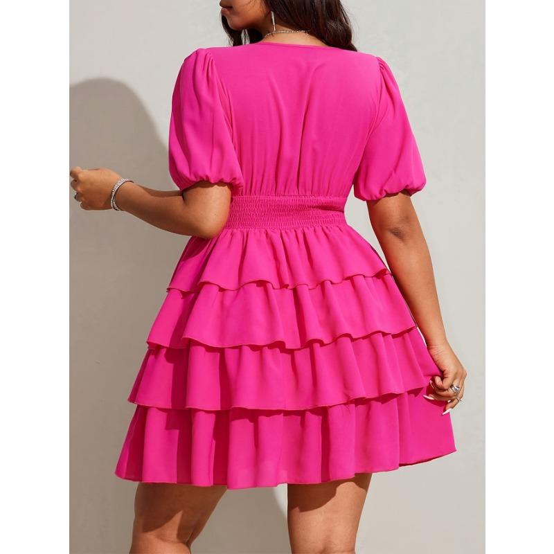Vestido de tarta corto de color liso, manga corta, cuello en V sexy para mujer de talla grande
