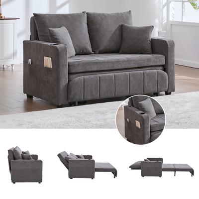 Multifunktionales Stoffsofa, Ausziehbares Klappsofa, Mit Aufbewahrungstaschen an den Armlehnen, USB-Ladefunktion Und Getränkehaltern (Grauer Chenille-Stoff)