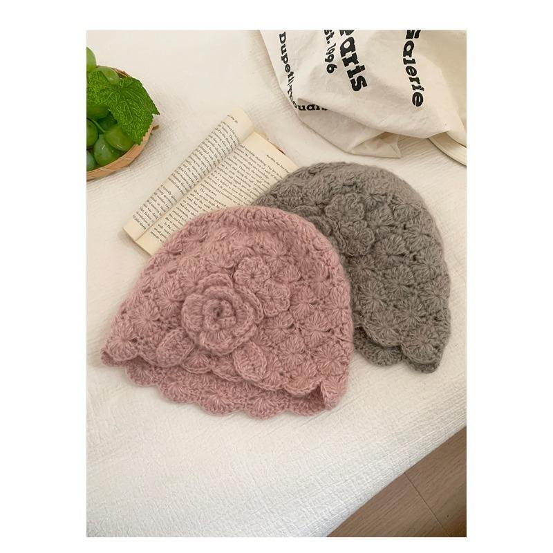 Women Japanese Style Hollow Flower Knit Beanie Autumn Winter Warm Hat