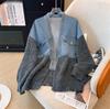 Fett MM200 Pfund Vintage Denim Patchwork Pullover Mantel Ins Mode Frau Herbst Winter Verdickt Locker Nische Strickjacke