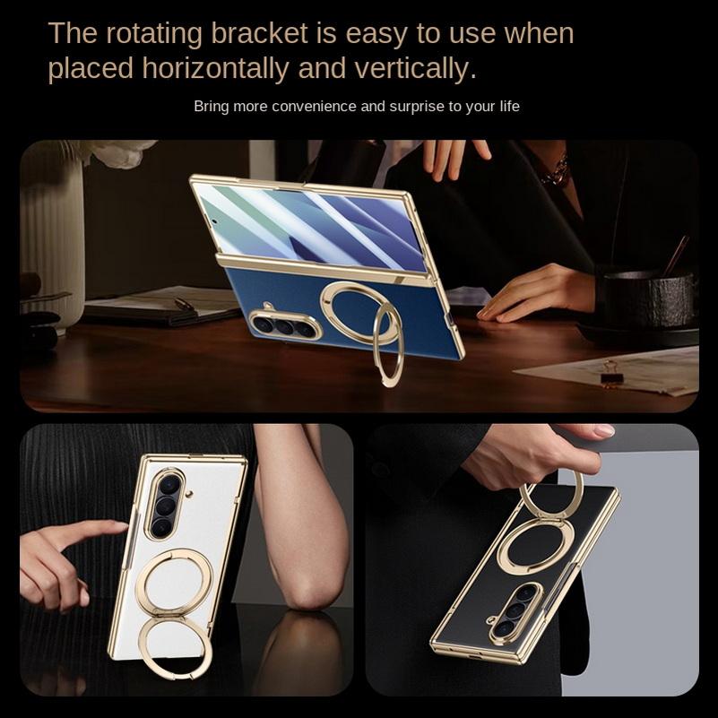 Rotatable Metal Magnetic Bracket Central Axis Leather Phone Case for Samsung Galaxy Z Fold 7 Slim Glass Protect Film Back Cover