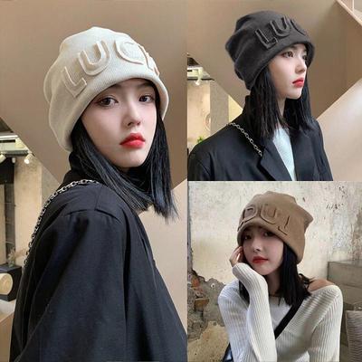 Berretto Beanie da Donna con Lettere Hip Hop Autunno Inverno Caldo Lavorato a Maglia Oversize Slouchy Skullcaps Ins Coreano Pullover Scalda Orecchie Cappello Cuffia