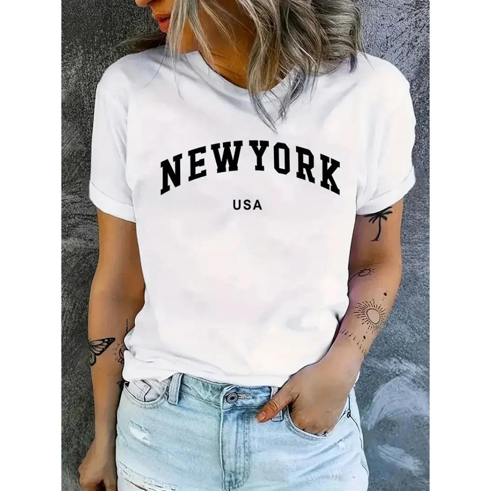 Damen T-Shirt Cartoon 'NEW YORK' 'USA Buchstaben Druck Rundhals Oberteil Schwarzes T-Shirt Weiblich Sommer Mädchen Grafisch Ästhetische Kleidung