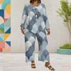 Women Plus Size Two Piece Set Round Neck Long Sleeve Printed Layered Top Wide Leg Cropped Pants