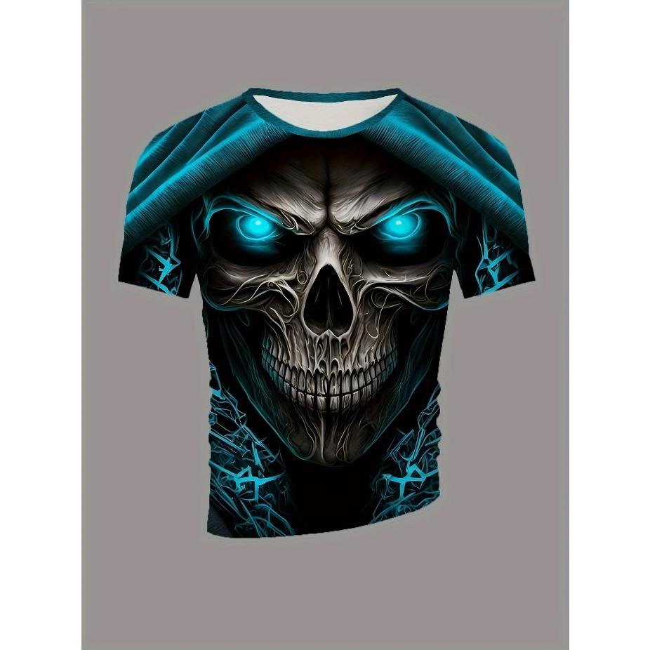 Pánské 3D tričko s potiskem lebky | Nadměrný krátký rukáv | Lehký polyester | Kulatý výstřih | Ležérní nošení | Gotická móda