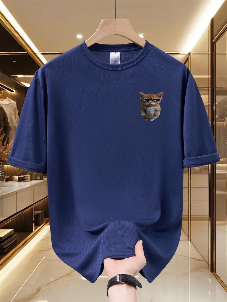Unisexs Cool Orange Cat With Pixel Sunglasses Print T Shirt Summer Quick Dry Breathable Short Sleeve Tee Funny Animal Graphic