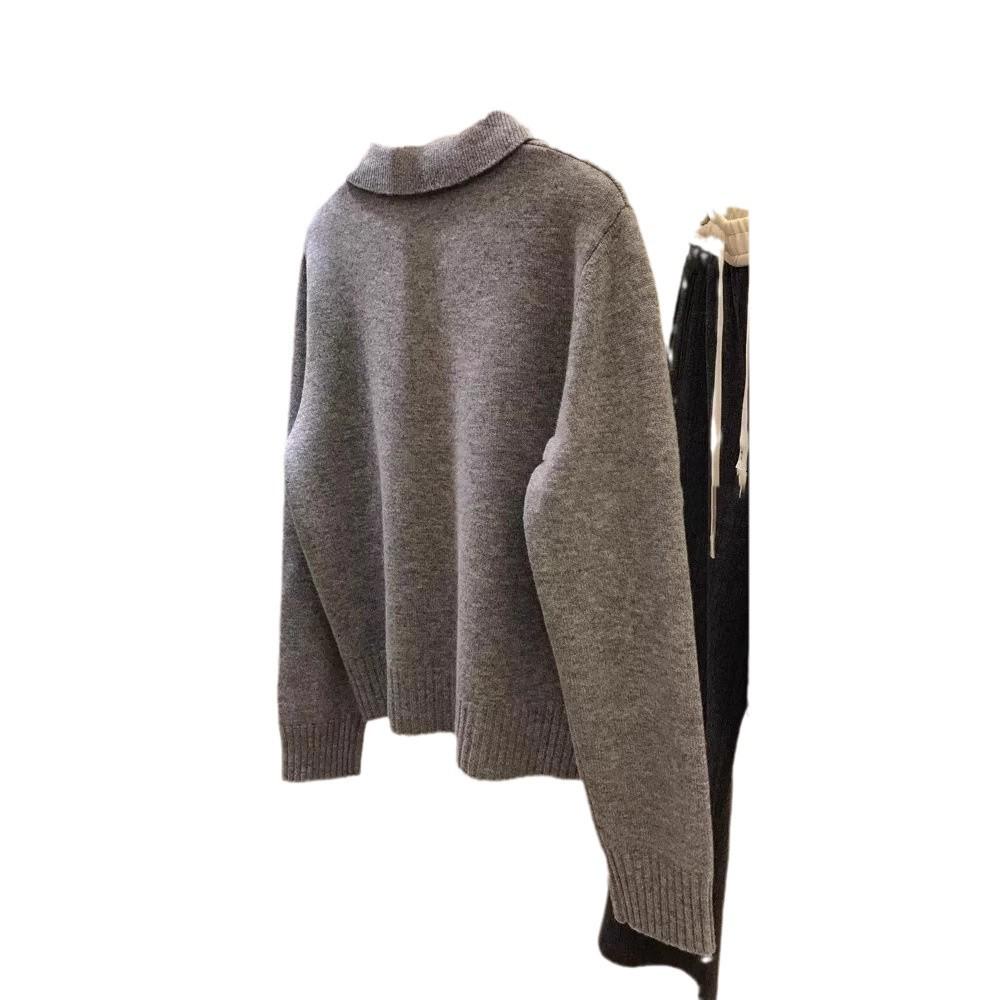 Celebrity Style Hedgehog Embroidery Cashmere Polo Collar Knitwear Women's Spring Autumn Loose Sweater Base Layer Wool Sweater