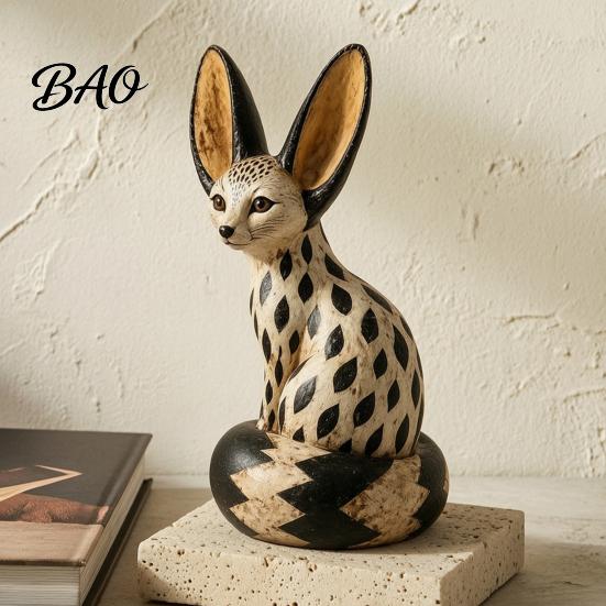 Hand Painted Home Accent Pieces Fox Figurine Sitting Resting Pose, Wood Carved Style Resin Animal Statue, Figurines for Decor Desktop Office