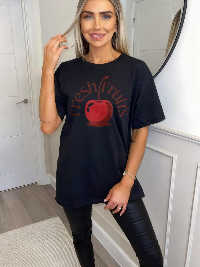 Oversized T Shirt Black Fresh Fruits Cherry Print Graphic Tee Casual Summer Wear