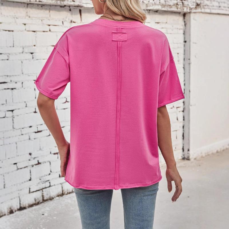 Summer Loose and Casual Cotton Solid Color Round Neck Short-sleeved Raw Edge T-shirt