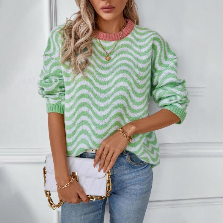 Loose Knitwear Cardigan Vintage Stripe Long Sleeve O Neck Sweater Top Autumn Winter Fashion
