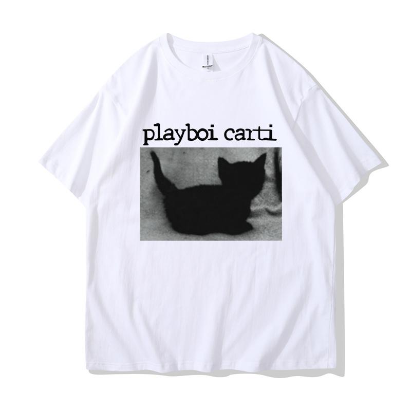 Playboi Carti Oversized Hip-Hop T Shirts Cute Cat Harajuku Print Tee Regular Mens Tops Quality Rapper Tshirt