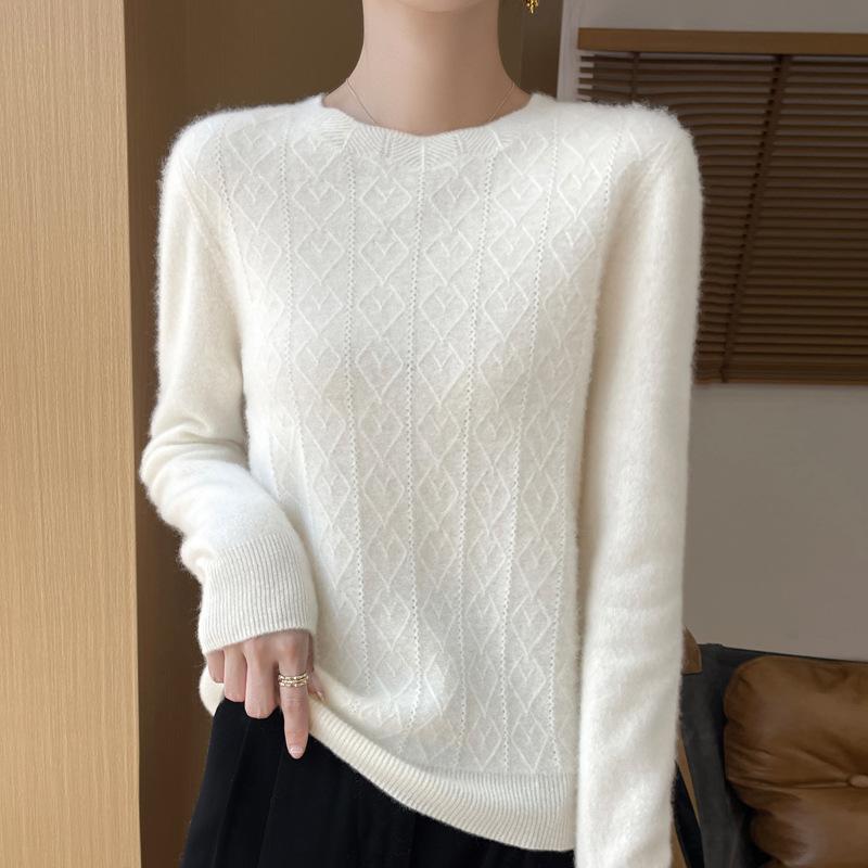 New Seamless One-line Cardigan Round Neck Floral Pullover Wool Knit Top for Women