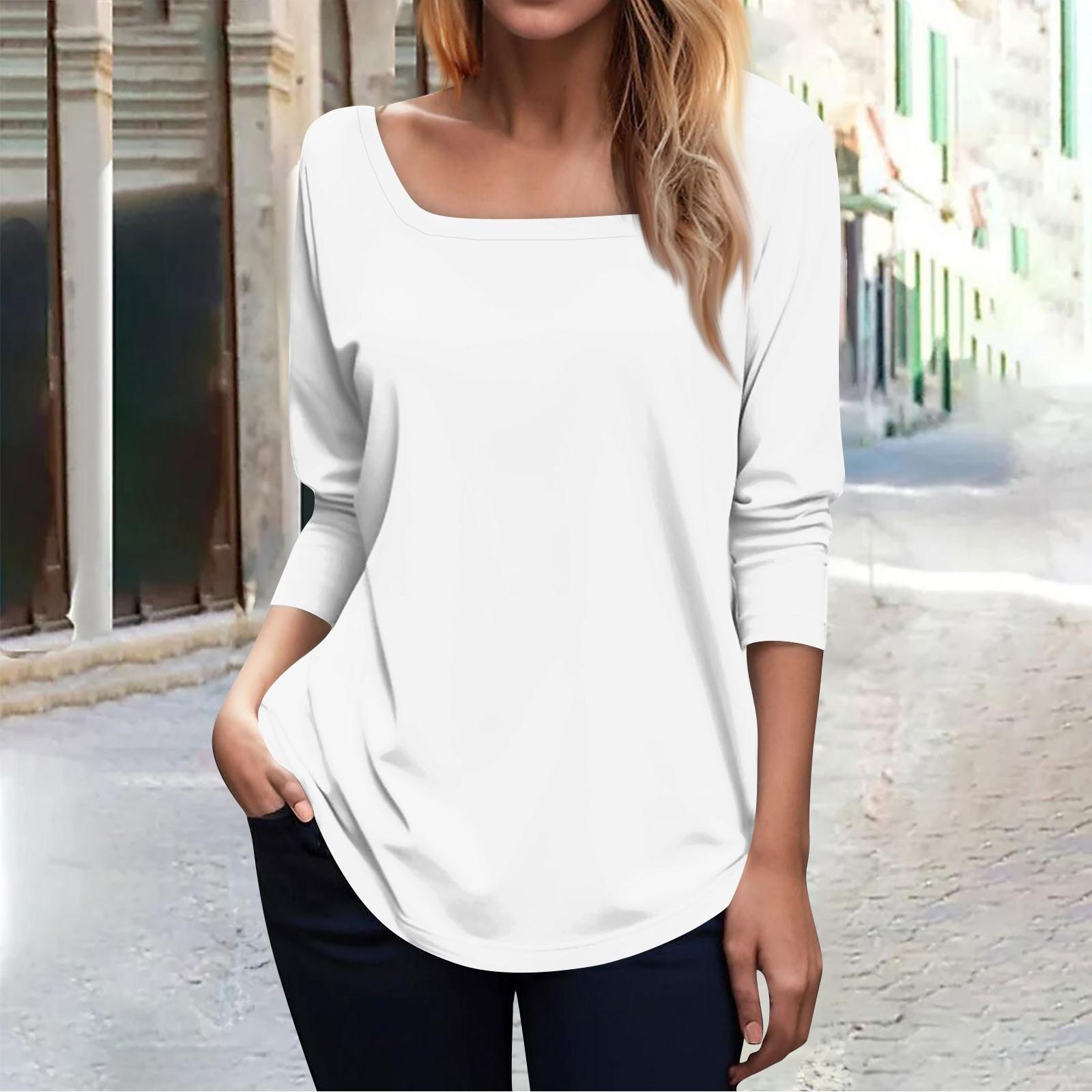 

Женская модная однотонная футболка с квадратным вырезом и длинными рукавами XL белый
