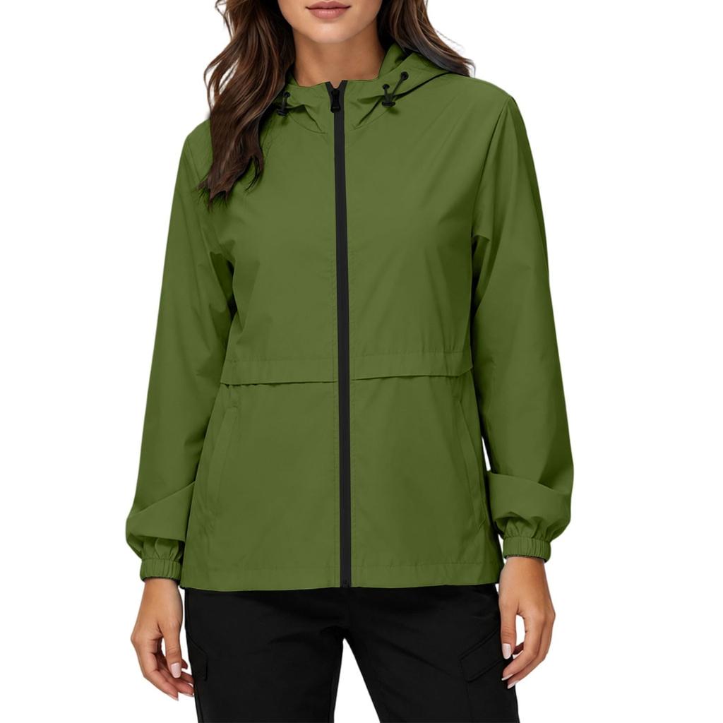 Women's Waterproof Windproof Hooded Jacket Lightweight Outdoor Raincoat Full Zip Front Pockets Adjustable Drawstring Hood