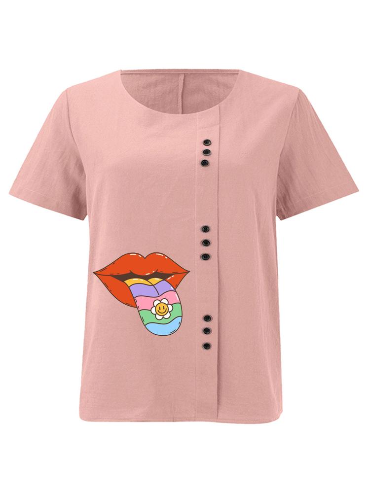 Women s Fashion Lips Printing Round Neck Short Sleeve T-shirt Casual Cotton Linen Graphic Shirt Leisure Loose Summer Blouse Tops S розовый