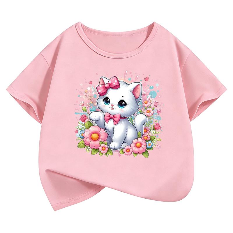 Fashion Kawaii Bow Cat T-Shirt Printed T Shirt Girls  Summer Clothes Short Sleeve Tops T-Shirts Cute Girls Clothing 100