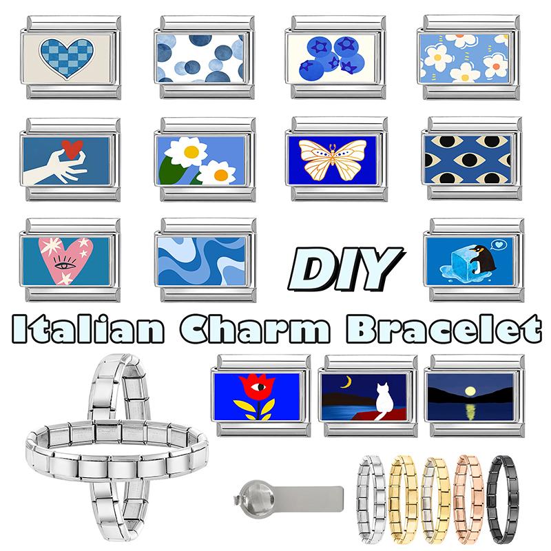 New Blue Pretty Scenery Butterfly Heart Flower Cat Moon Italian Charm Links Fit 9mm Stainless Steel Bracelet Jewelry DIY Making