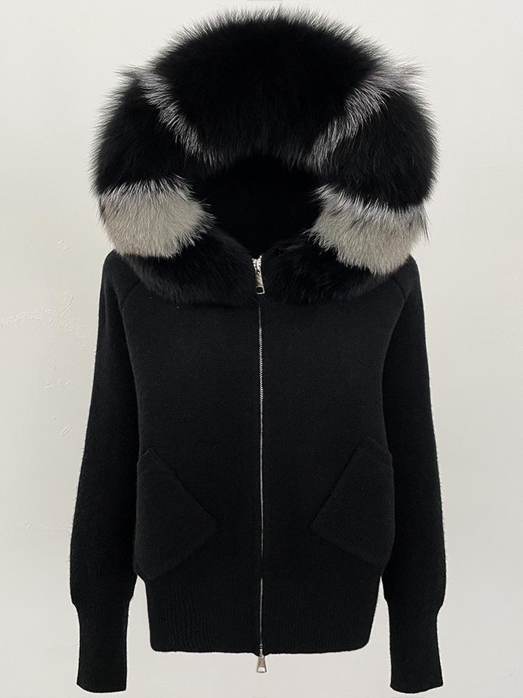 Korean Style Hooded Knit Cardigan with Large Genuine Fox Fur Collar - Luxurious Autumn/Winter Outerwear