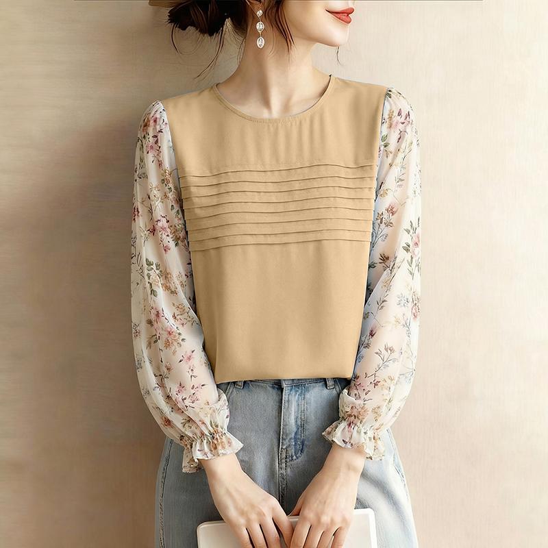 

ZANZEA Women Elegant Print Splice Long Sleeve Loose Casual Blouse 5XL хакі