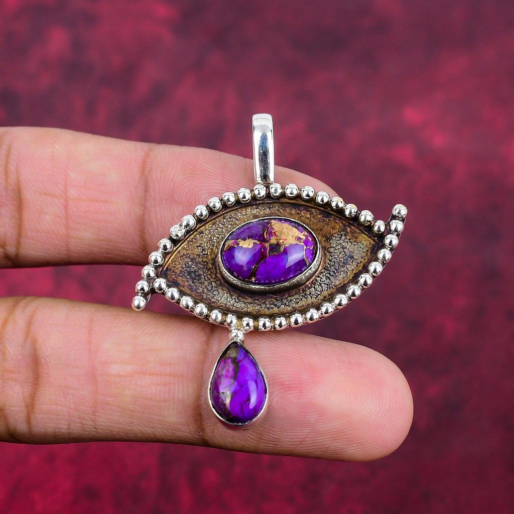 Purple Copper Turquoise Pendant, 925 Solid Sterling Silver Jewelry, Gemstone Pendant, Gift For Her Handmade Dainty Jewelry