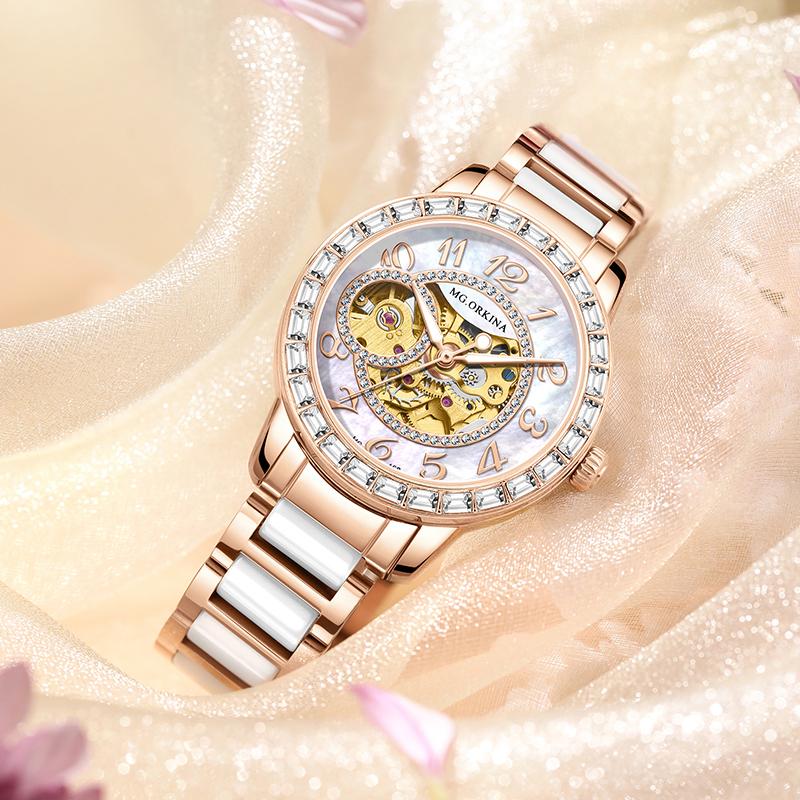 ORKINA-Automatic Watches for Women, Skeleton Mechanical Watch, Elegant Luxury Dress, Gold Gear, Diamond, White Ceramic BandGift