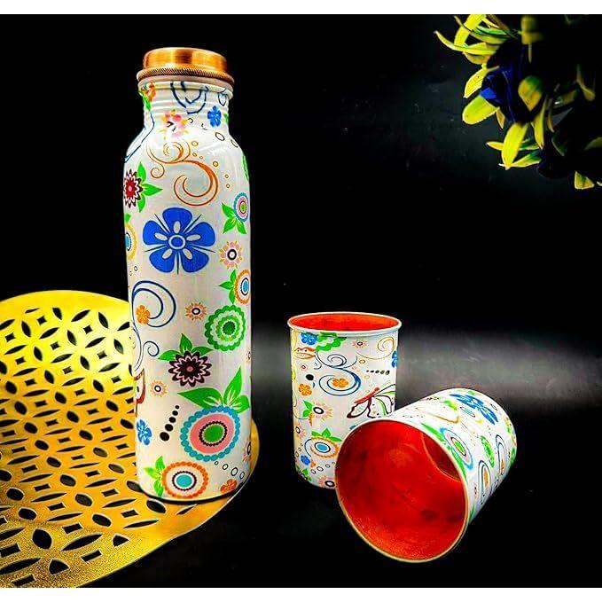 Copper Water Bottle 1 Ltr | Copper Water Bottle with Glass Set | Meena Work | 100% Pure | Leak-Proof | 2 Water Glass 300ml each