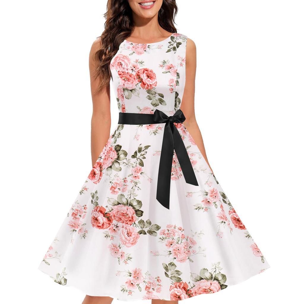 Women Summer Floral Print Sleeveless O Neck A Line Slim Midi Dress
