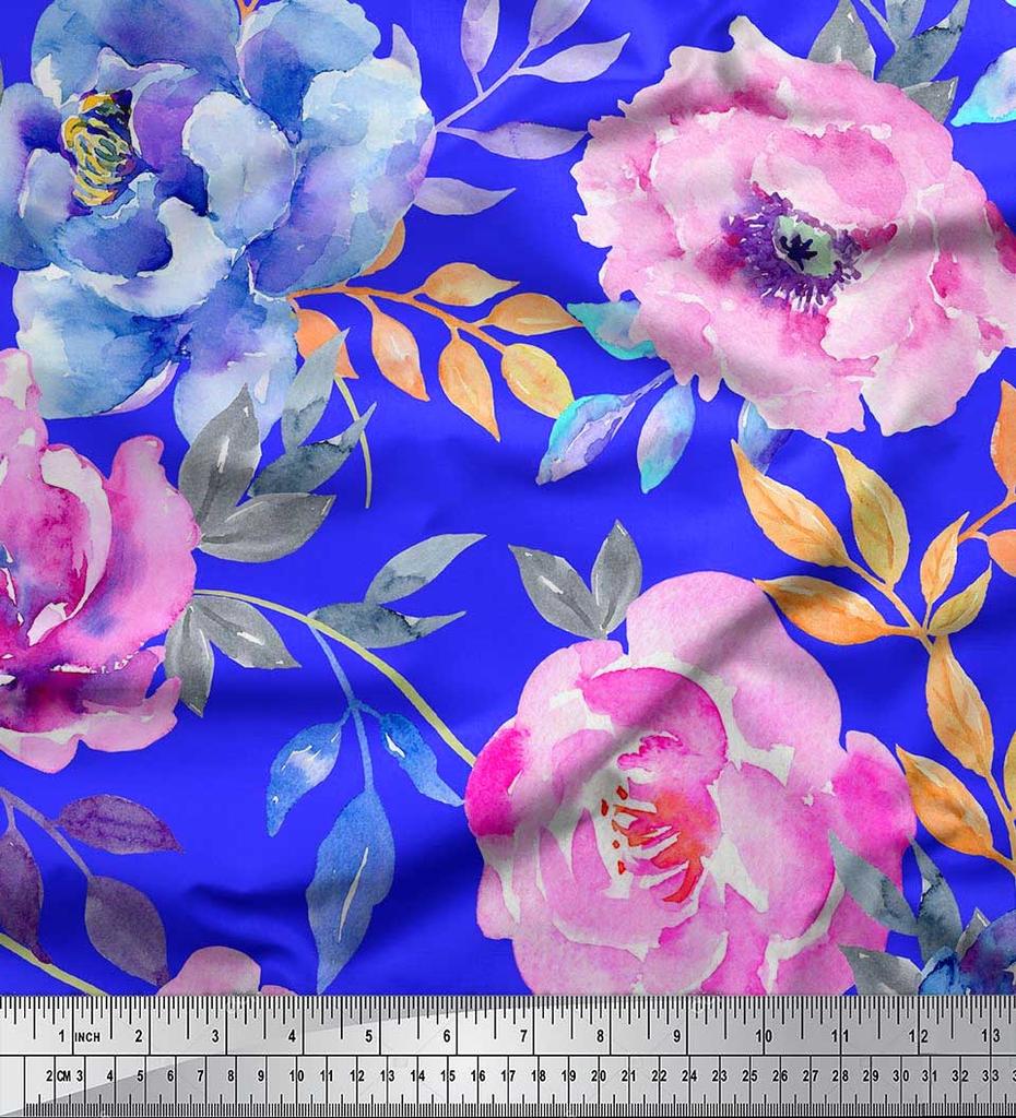 Soimoi Japan Crepe Satin Fabric Leaves & Peony Flower Print Fabric by the Metre 42 Inch