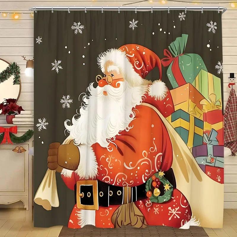 Christmas Shower Curtain Santa Claus Christmas Tree Cat Dog Winter Snowy Snowflake Home Polyester Fabric Bathroom Decor Curtai