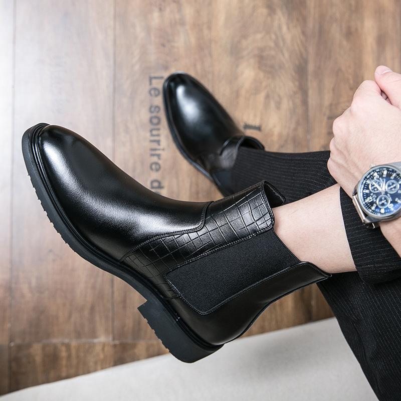 Martin Boots Leather Medium Top Pointed Fleece High Top Leather Shoes Chelsea Boots Black Hairstylist Short Boots