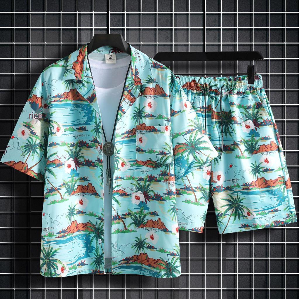 Men's Floral Short-Sleeve Shirt Set - Casual Hawaiian Beachwear for Couples