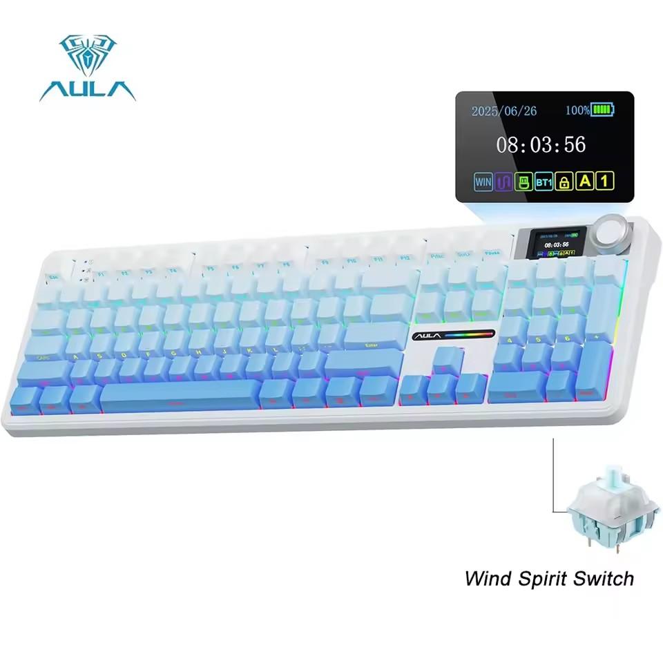 Aula F108 PRO Wireless Mechanical Keyboard with Screen Knob Full Size 8000mAh Battery RGB Backlit Hot Swappable Gaming Keyboard