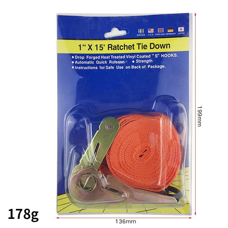 15" Tie-Down Strap with Double Hook Ratchet Tightener, 25mm Wide.