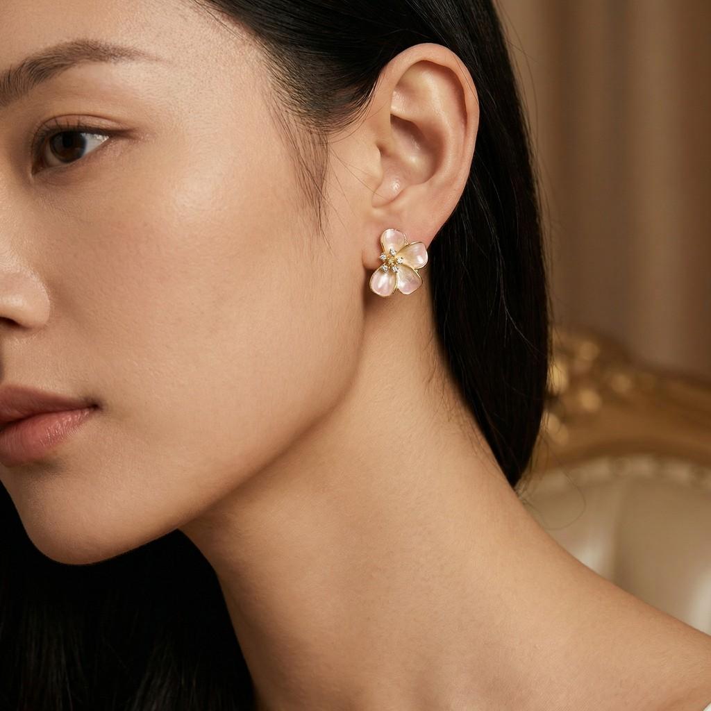Pinkdudu French Vintage Pink Floral Earrings Blossom Studs with Rhinestones Daily Jewelry PD2468