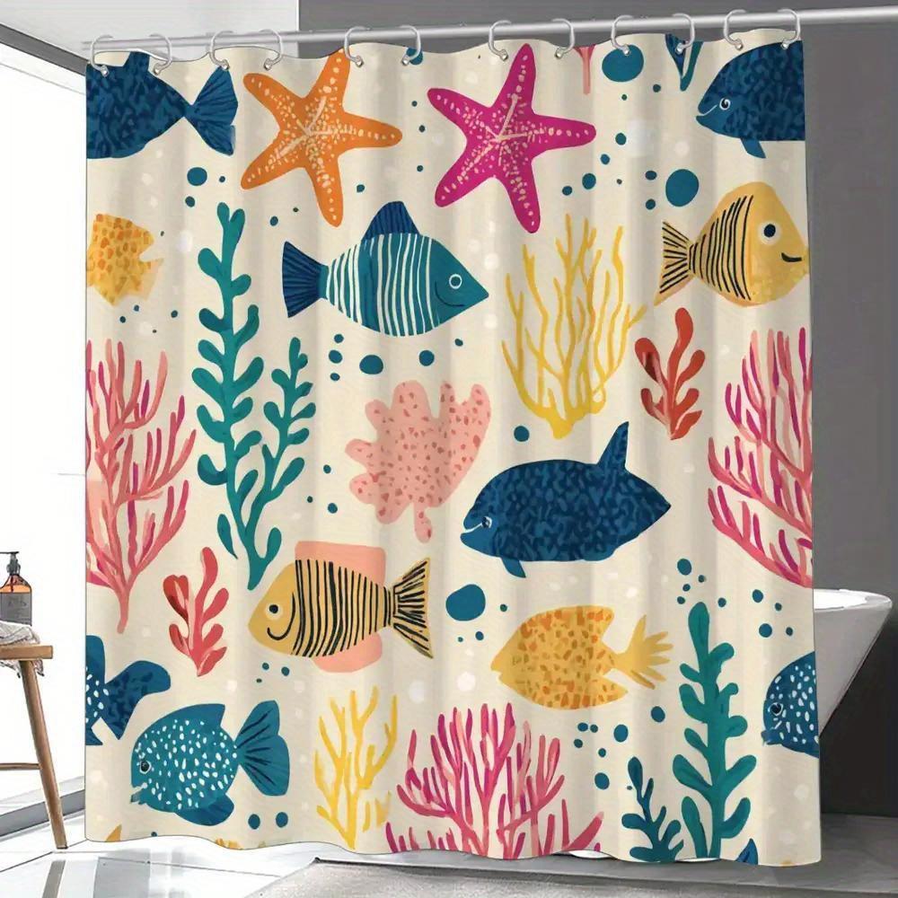 1pc Coral Fish School Shower Curtain, Ocean Theme, Summer Shower Curtain, with 12 Hooks, 180*180cm Bathroom Curtain, Home Deco