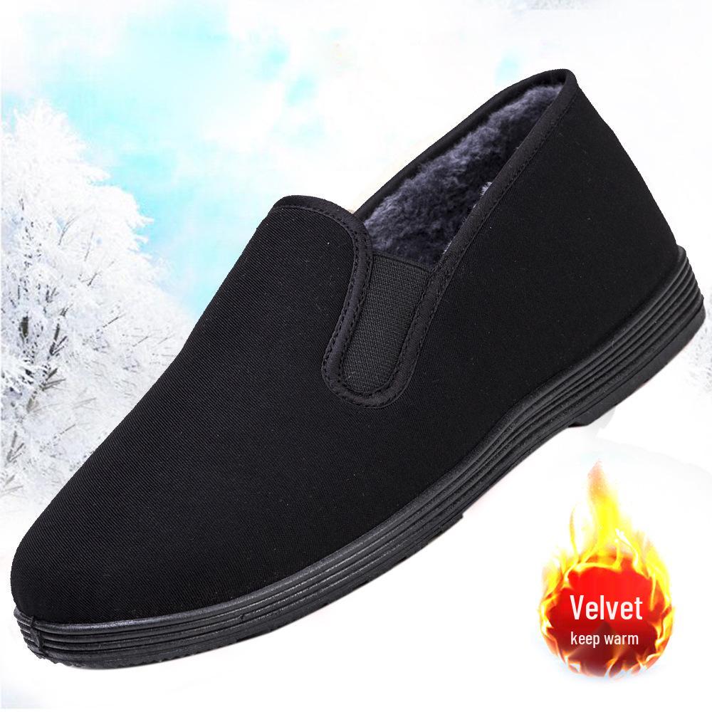 Winter Men's Thickened Velvet-Lined Breathable Cotton Cloth Shoes - Black Sole