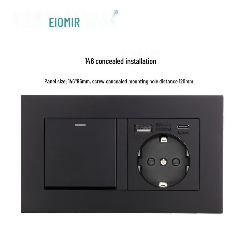 Black 16A German Standard Socket Panel with Double USB + Type C, Concealed European Installation